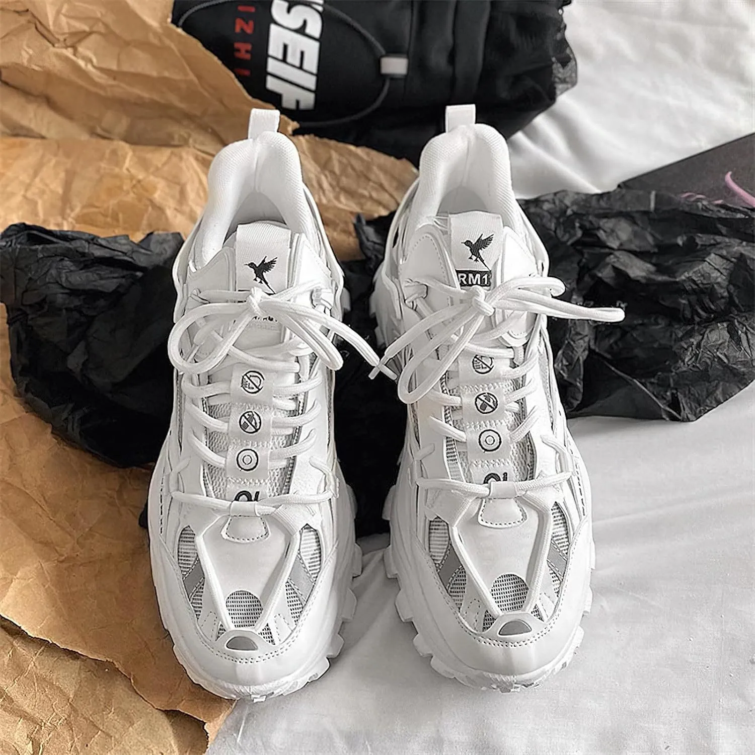 Exusiai Men's Chunky Sole Sneakers Stylish Lace-Up Dad Shoes Platform Athletic Breathable Walking Running Shoes for Comfort & Durability