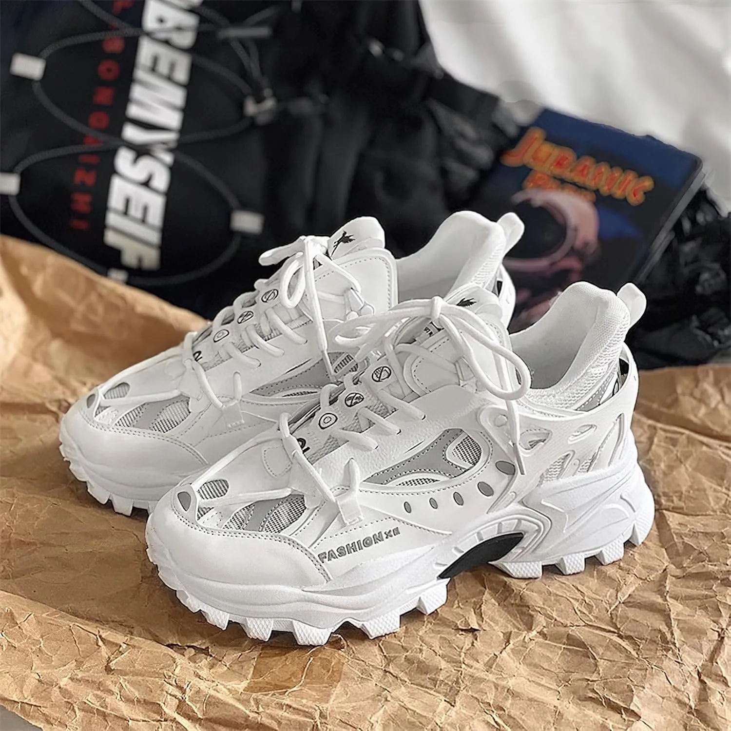 Exusiai Men's Chunky Sole Sneakers Stylish Lace-Up Dad Shoes Platform Athletic Breathable Walking Running Shoes for Comfort & Durability