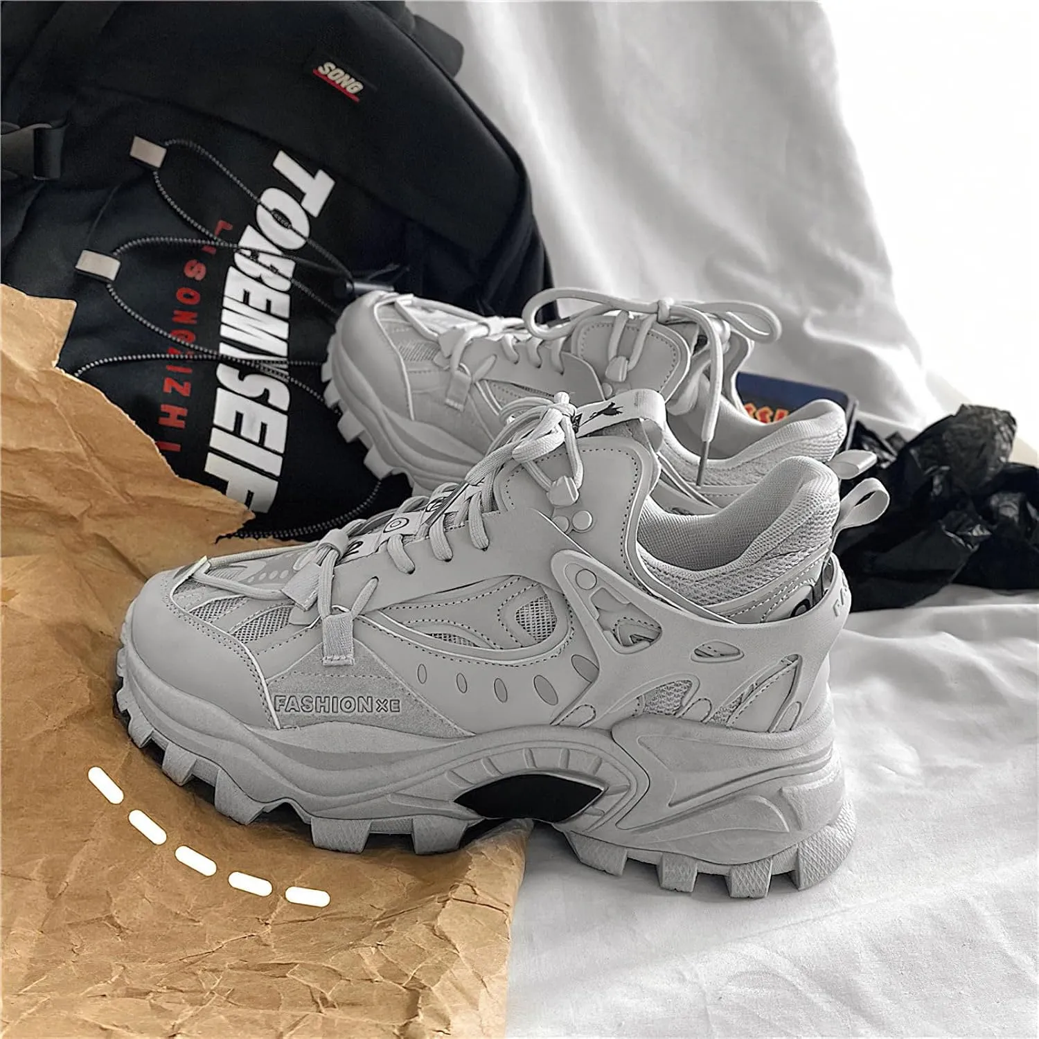 Exusiai Men's Chunky Sole Sneakers Stylish Lace-Up Dad Shoes Platform Athletic Breathable Walking Running Shoes for Comfort & Durability