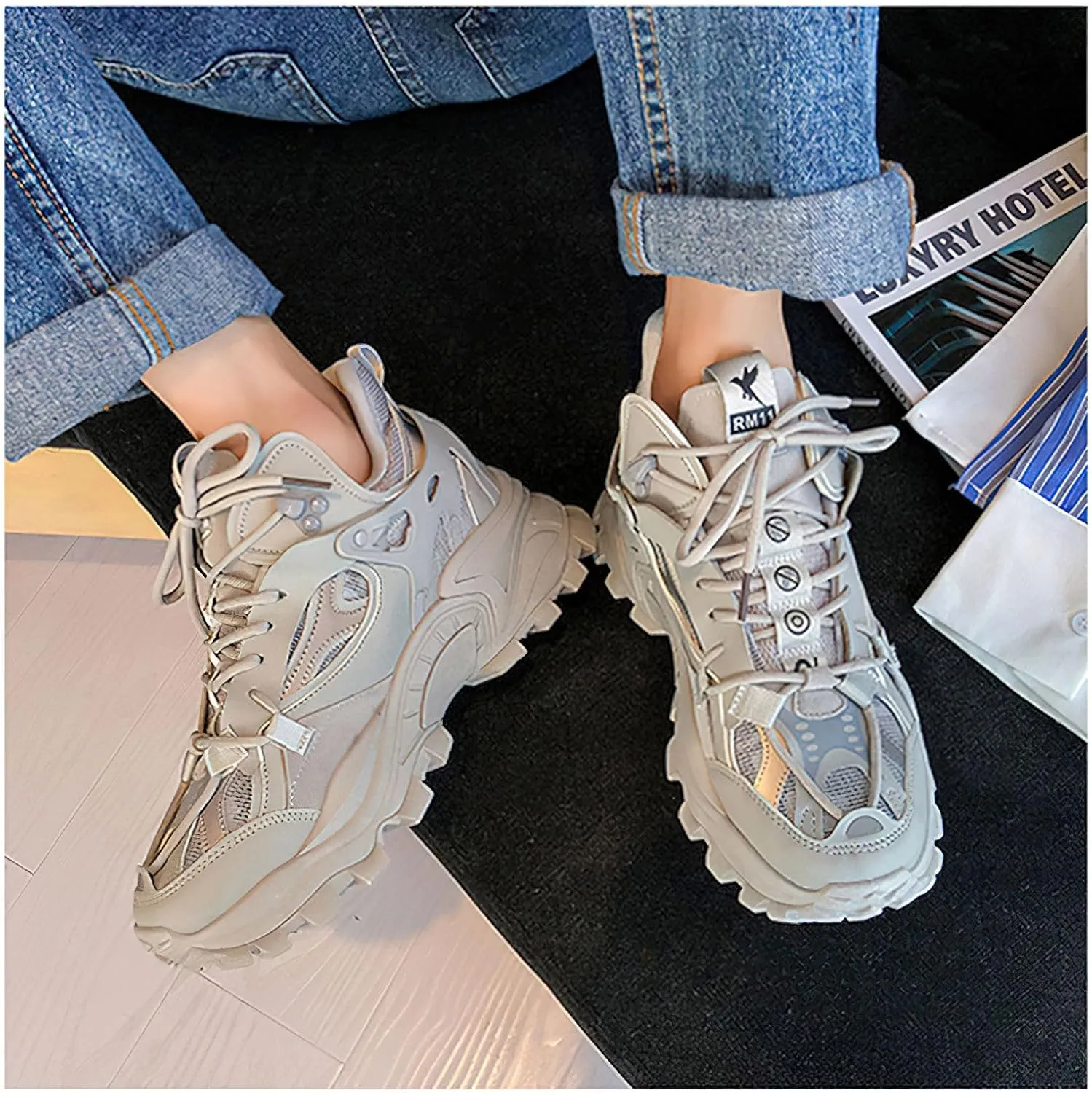 Exusiai Men's Chunky Sole Sneakers Stylish Lace-Up Dad Shoes Platform Athletic Breathable Walking Running Shoes for Comfort & Durability