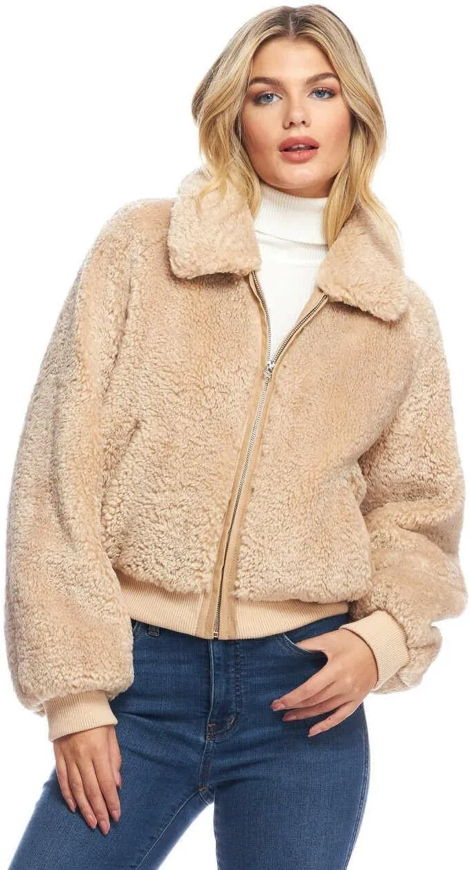 Fabulous-Furs Donna Salyers Cream Faux Sherpa Sloane Bomber Jacket