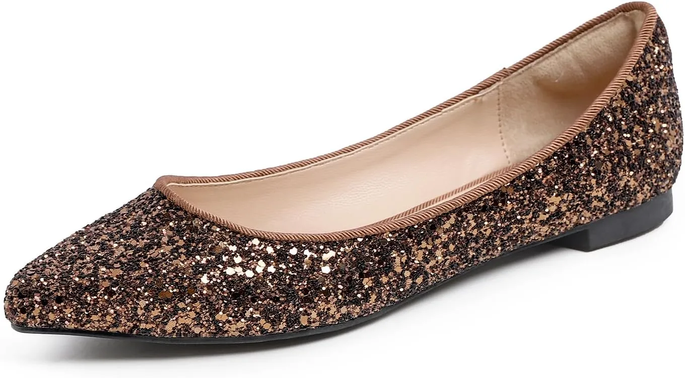 FEVERSOLE Women's Fashion Pointed Toe Classic Dressy Shiny Comfort Cushioned Flats