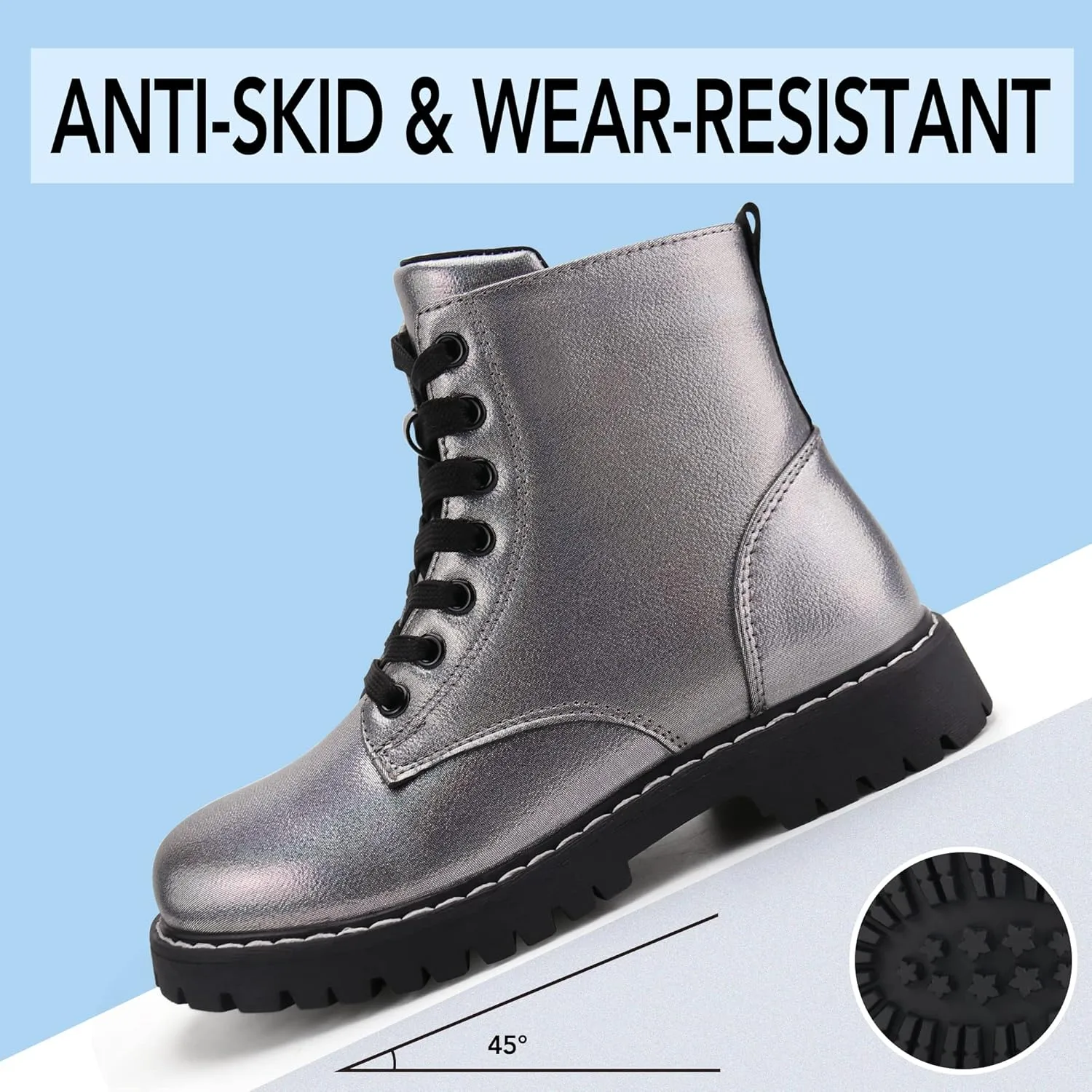 firelli Kids Ankle Boots Boys Girls Side Zipper Lace Up Work Boots Combat Boots