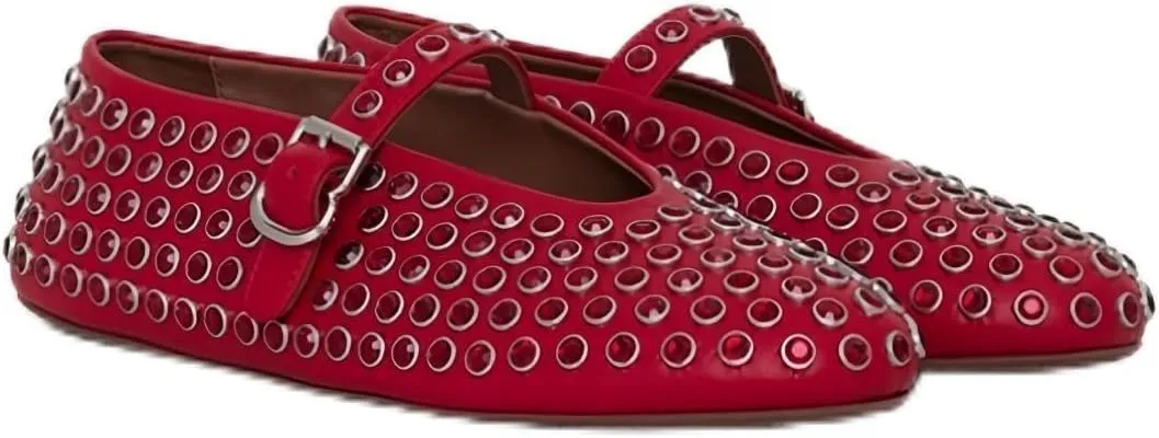 Fishnet Buckle Strap Mesh Ballet Flats Rhinestone Rivet Buckled Strap Mary Jane Shoes Round Toe Studded Slip On Flats Metallic Paillette Colors Dress Ballerinas Flats Low Heels Soft Shoes