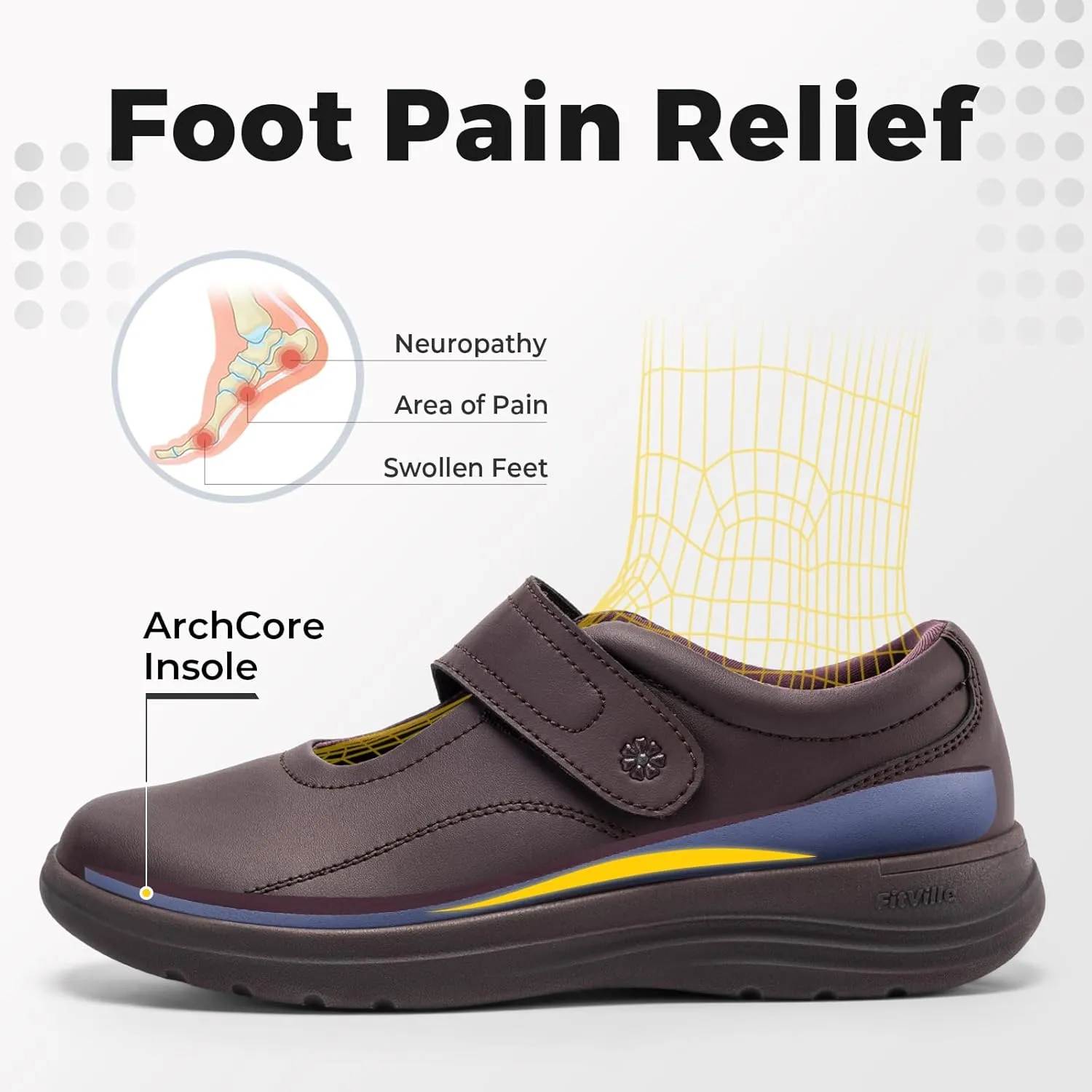 FitVille Women Wide Classic Mary Jane Shoes Flats Casual Dress Shoes Lightweight Comfort Walking Shoes for Plantar Fasciitis Bunions