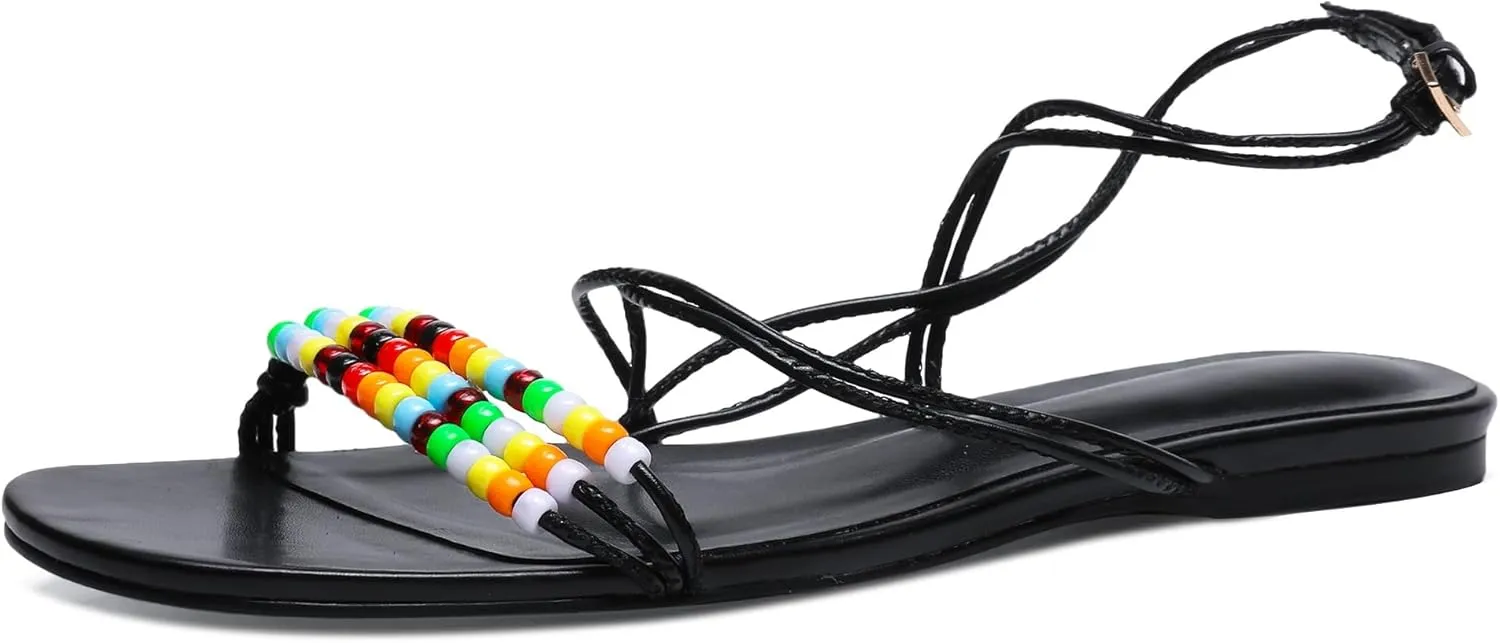 Flats Sandals for Women Strappy Beaded Peral Low Heel Round Open Toe Casual Vacation Beach Daily Shoes