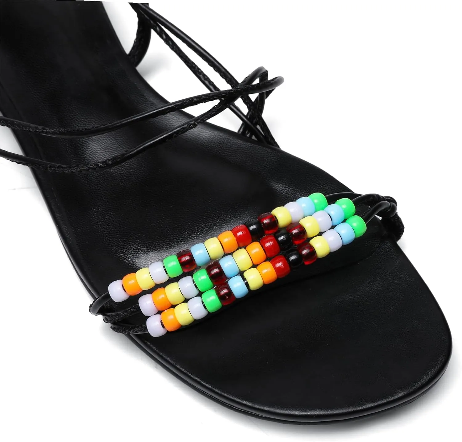 Flats Sandals for Women Strappy Beaded Peral Low Heel Round Open Toe Casual Vacation Beach Daily Shoes