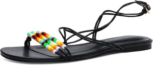 Flats Sandals for Women Strappy Beaded Peral Low Heel Round Open Toe Casual Vacation Beach Daily Shoes
