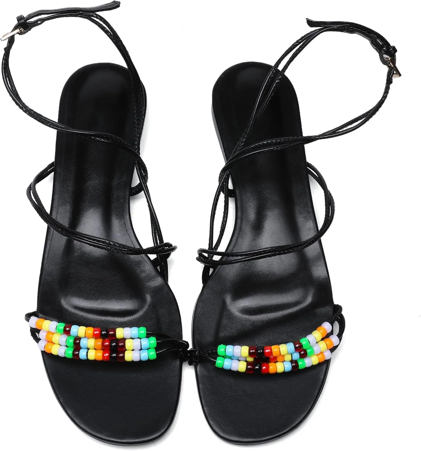 Flats Sandals for Women Strappy Beaded Peral Low Heel Round Open Toe Casual Vacation Beach Daily Shoes