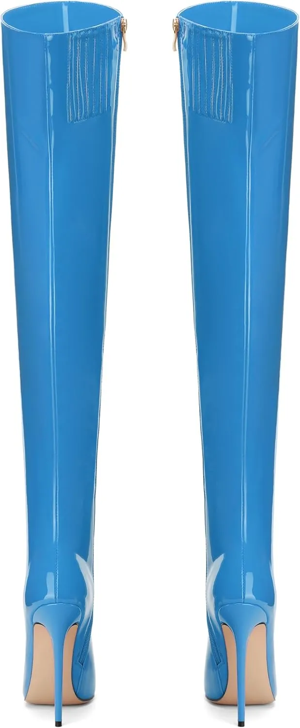 FOGEENA Over the Knee Boots for Women Stiletto High Heel Patent Leather Pointed Toe Zipper 4.7 Inch Thigh High Boots Fashion Sexy Dating Party Fall Winter Boots