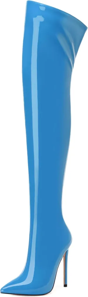 FOGEENA Over the Knee Boots for Women Stiletto High Heel Patent Leather Pointed Toe Zipper 4.7 Inch Thigh High Boots Fashion Sexy Dating Party Fall Winter Boots