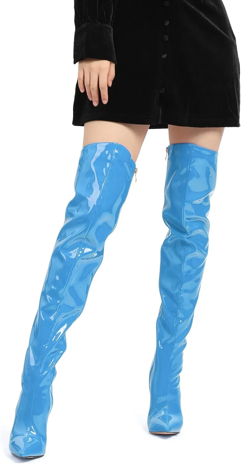 FOGEENA Over the Knee Boots for Women Stiletto High Heel Patent Leather Pointed Toe Zipper 4.7 Inch Thigh High Boots Fashion Sexy Dating Party Fall Winter Boots