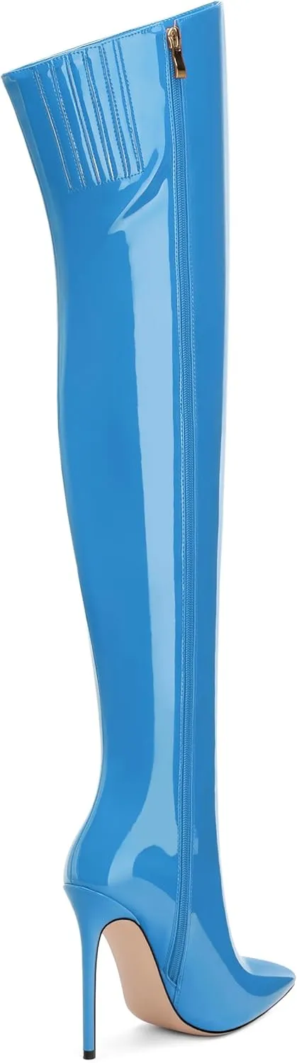 FOGEENA Over the Knee Boots for Women Stiletto High Heel Patent Leather Pointed Toe Zipper 4.7 Inch Thigh High Boots Fashion Sexy Dating Party Fall Winter Boots