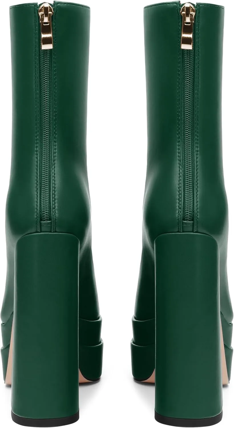 FOGEENA Platform Ankle Boots for Women Chunky Block Heel Pointed Toe Zipper 5.9 Inch Heeled Fall Boots Fashion Dating Party Evening Short Booties