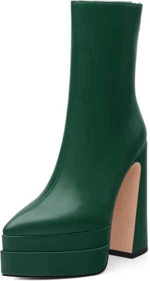 FOGEENA Platform Ankle Boots for Women Chunky Block Heel Pointed Toe Zipper 5.9 Inch Heeled Fall Boots Fashion Dating Party Evening Short Booties