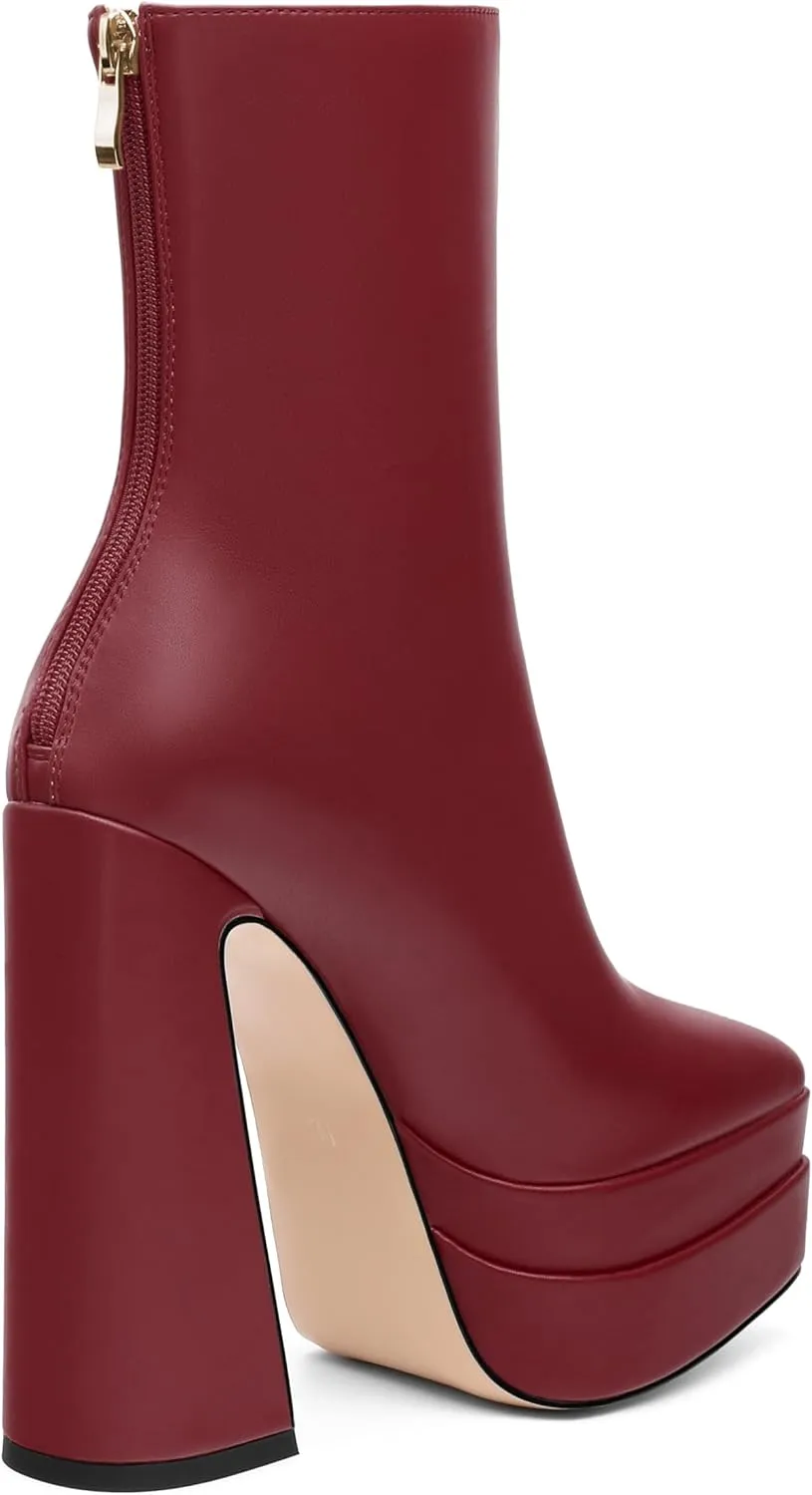 FOGEENA Platform Ankle Boots for Women Chunky Block Heel Pointed Toe Zipper 5.9 Inch Heeled Fall Boots Fashion Dating Party Evening Short Booties