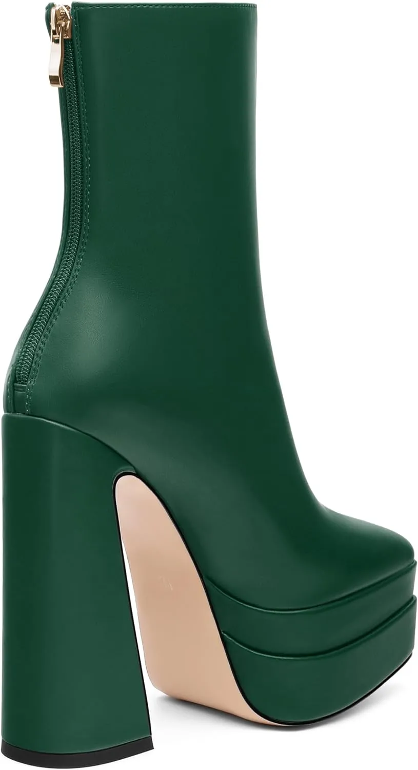 FOGEENA Platform Ankle Boots for Women Chunky Block Heel Pointed Toe Zipper 5.9 Inch Heeled Fall Boots Fashion Dating Party Evening Short Booties