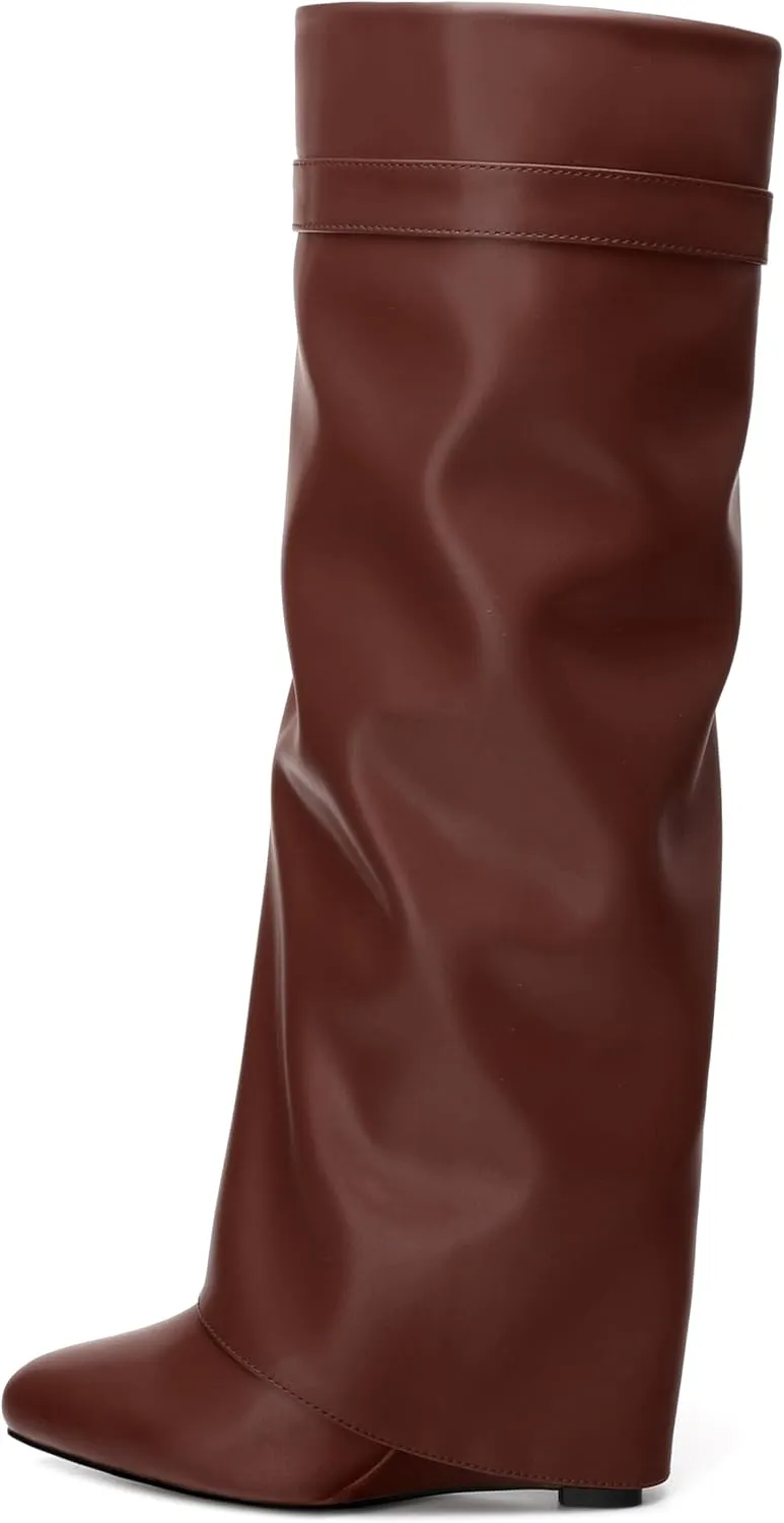 Fold Over Wedge Boots for Women Knee High Zipper Round Toe Tall Boots Wide Calf High Heel Long Boots