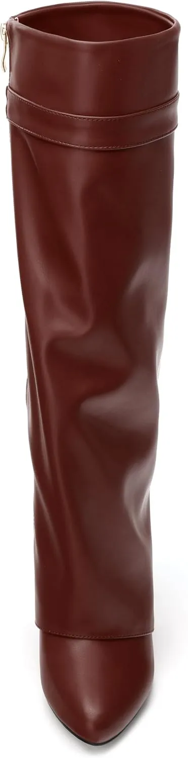 Fold Over Wedge Boots for Women Knee High Zipper Round Toe Tall Boots Wide Calf High Heel Long Boots