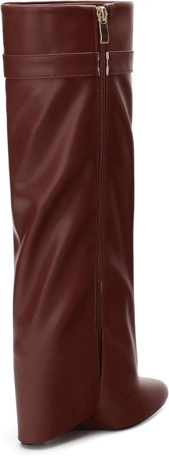 Fold Over Wedge Boots for Women Knee High Zipper Round Toe Tall Boots Wide Calf High Heel Long Boots