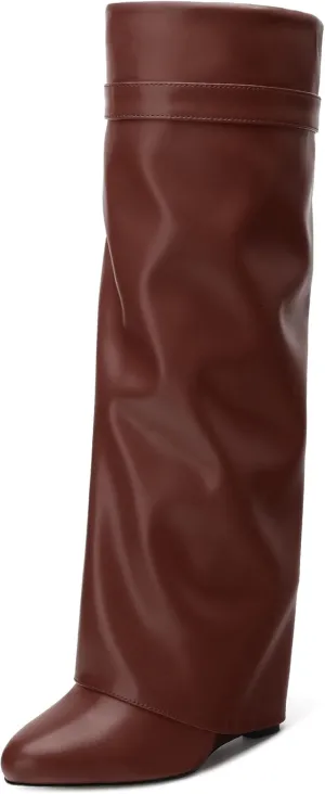 Fold Over Wedge Boots for Women Knee High Zipper Round Toe Tall Boots Wide Calf High Heel Long Boots