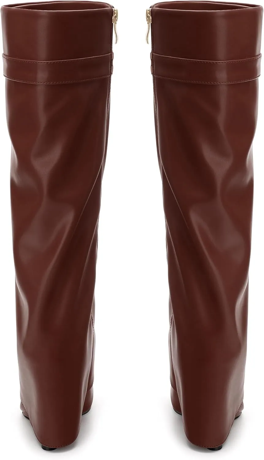 Fold Over Wedge Boots for Women Knee High Zipper Round Toe Tall Boots Wide Calf High Heel Long Boots