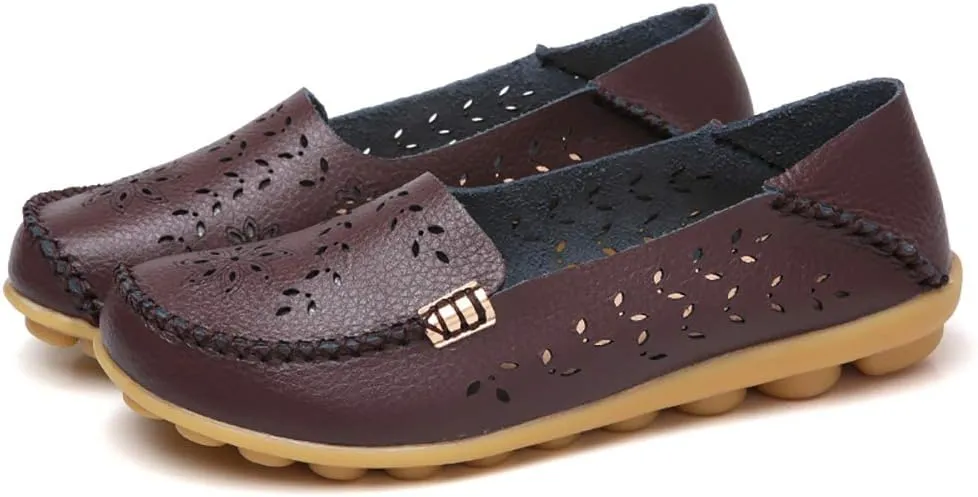 FolHaoth Women's Leather Loafers Slip On Comfortable Walking Flats Casual Round Toe Moccasins Wild Breathable Nurse Driving Fashion Soft Shoes