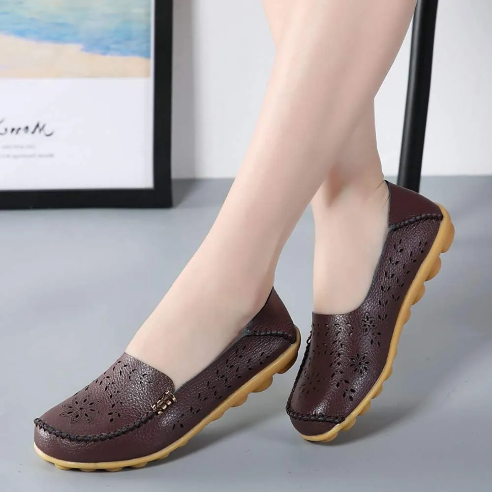 FolHaoth Women's Leather Loafers Slip On Comfortable Walking Flats Casual Round Toe Moccasins Wild Breathable Nurse Driving Fashion Soft Shoes