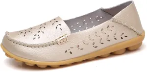 FolHaoth Women's Leather Loafers Slip On Comfortable Walking Flats Casual Round Toe Moccasins Wild Breathable Nurse Driving Fashion Soft Shoes