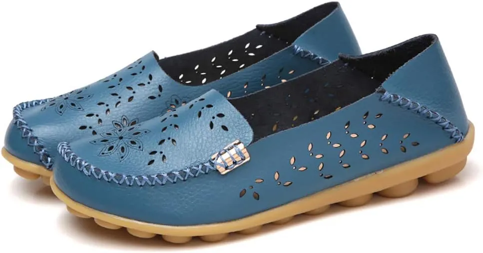 FolHaoth Women's Leather Loafers Slip On Comfortable Walking Flats Casual Round Toe Moccasins Wild Breathable Nurse Driving Fashion Soft Shoes