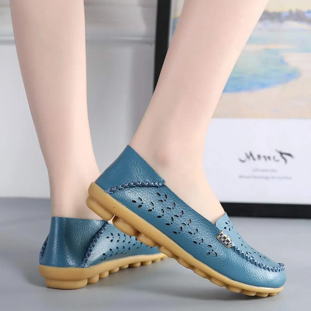 FolHaoth Women's Leather Loafers Slip On Comfortable Walking Flats Casual Round Toe Moccasins Wild Breathable Nurse Driving Fashion Soft Shoes