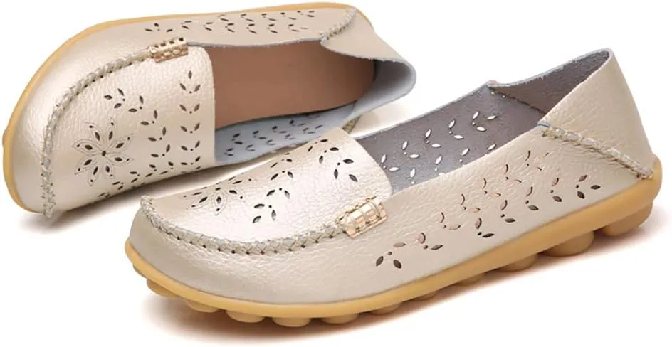 FolHaoth Women's Leather Loafers Slip On Comfortable Walking Flats Casual Round Toe Moccasins Wild Breathable Nurse Driving Fashion Soft Shoes