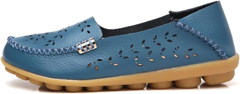 FolHaoth Women's Leather Loafers Slip On Comfortable Walking Flats Casual Round Toe Moccasins Wild Breathable Nurse Driving Fashion Soft Shoes