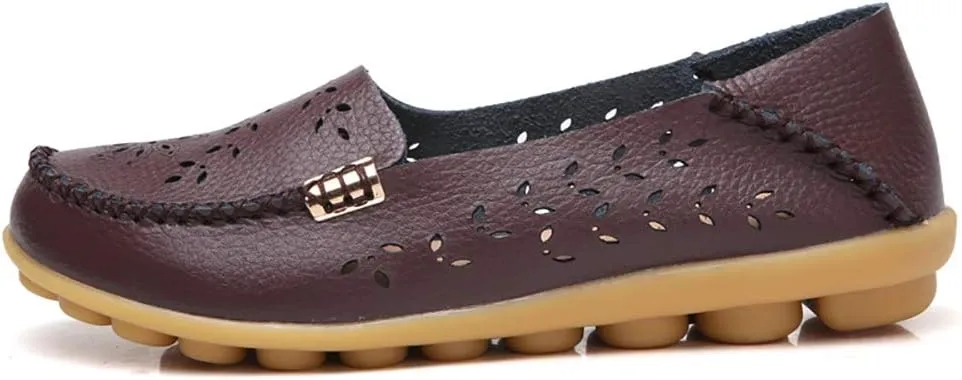 FolHaoth Women's Leather Loafers Slip On Comfortable Walking Flats Casual Round Toe Moccasins Wild Breathable Nurse Driving Fashion Soft Shoes