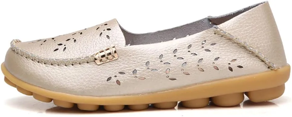 FolHaoth Women's Leather Loafers Slip On Comfortable Walking Flats Casual Round Toe Moccasins Wild Breathable Nurse Driving Fashion Soft Shoes
