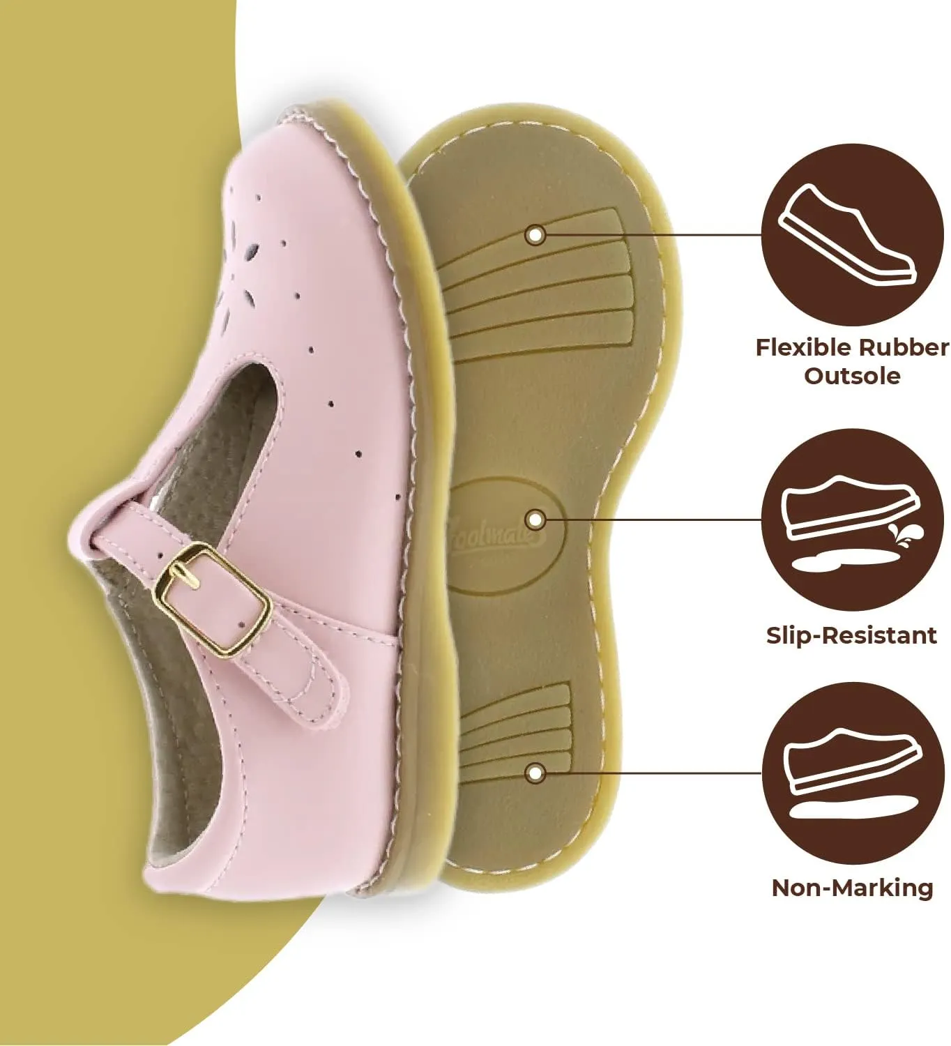 FOOTMATES Sherry Mary Jane Hook and Loop Leather T-Strap Shoes with Wide Toe Box and Custom-Fit Insoles, Non-Marking Outsoles - for Toddlers and Kids, Ages 1-8