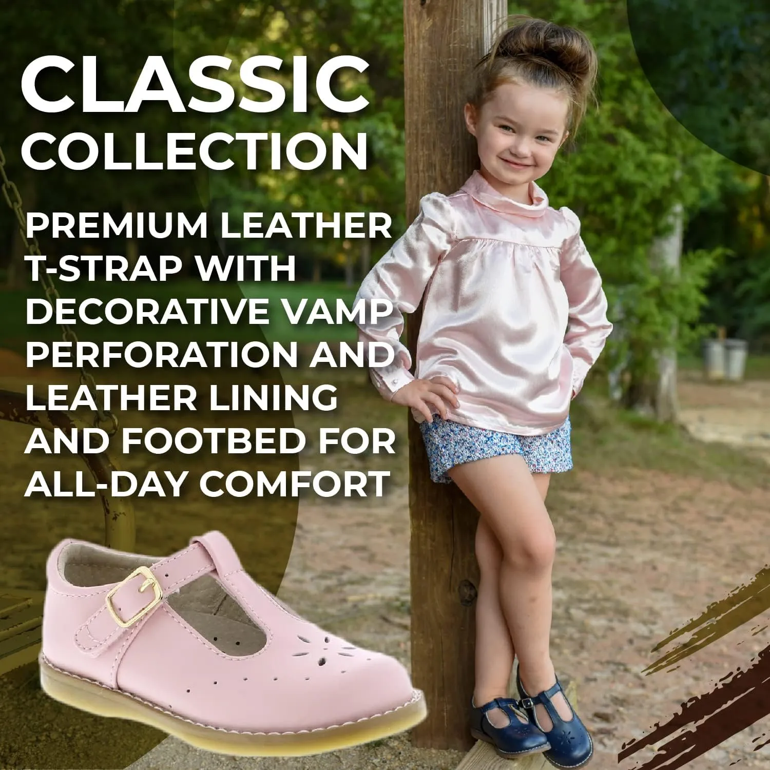 FOOTMATES Sherry Mary Jane Hook and Loop Leather T-Strap Shoes with Wide Toe Box and Custom-Fit Insoles, Non-Marking Outsoles - for Toddlers and Kids, Ages 1-8