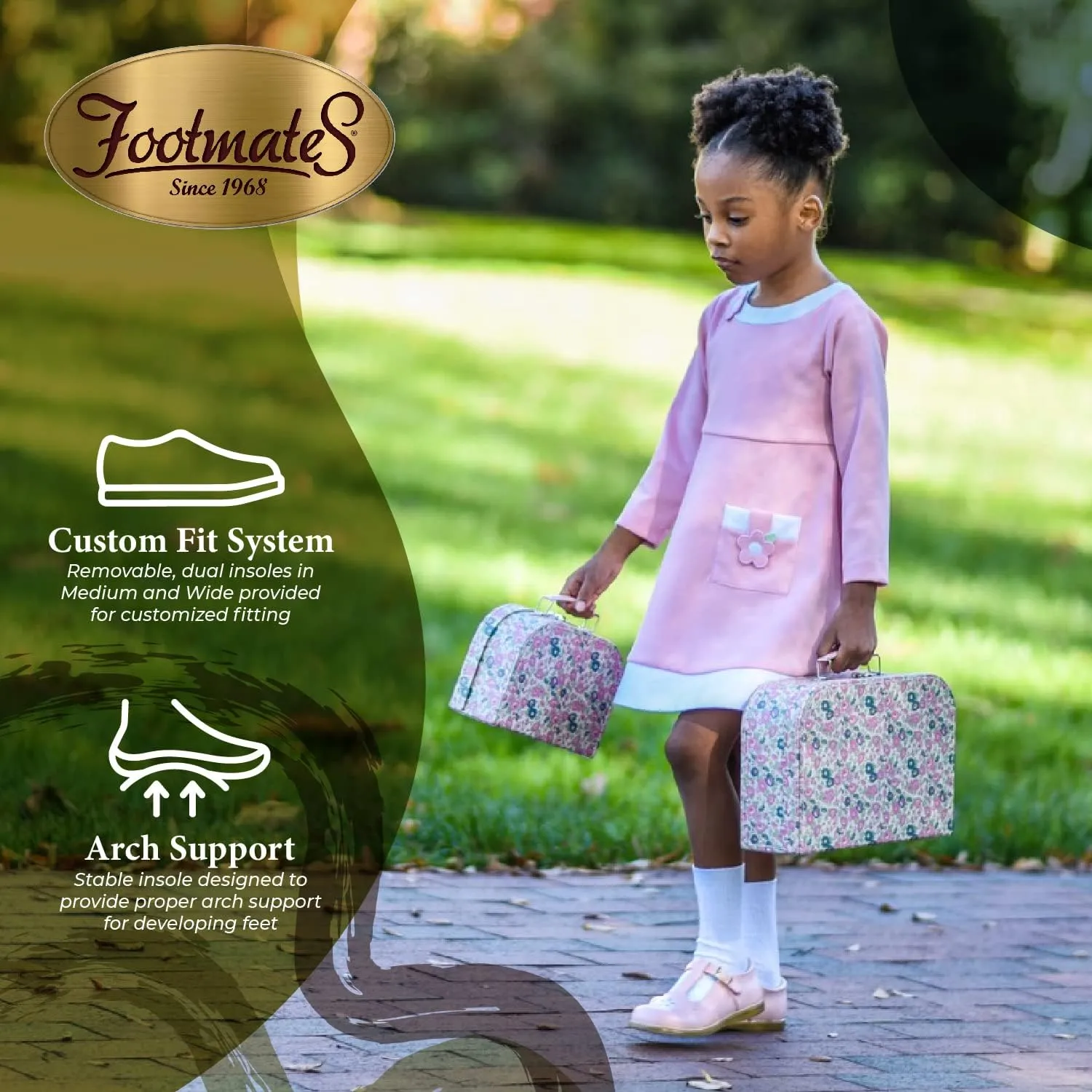 FOOTMATES Sherry Mary Jane Hook and Loop Leather T-Strap Shoes with Wide Toe Box and Custom-Fit Insoles, Non-Marking Outsoles - for Toddlers and Kids, Ages 1-8