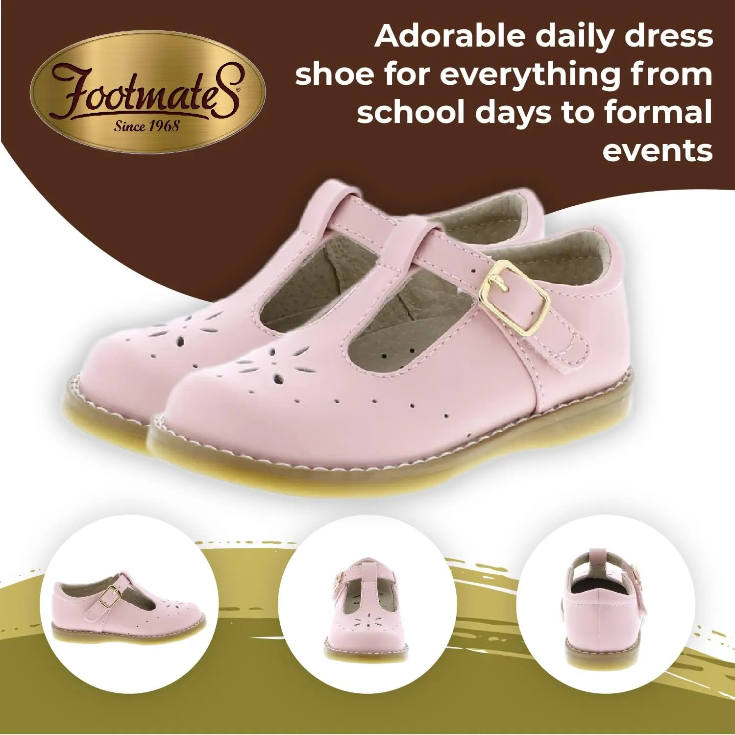 FOOTMATES Sherry Mary Jane Hook and Loop Leather T-Strap Shoes with Wide Toe Box and Custom-Fit Insoles, Non-Marking Outsoles - for Toddlers and Kids, Ages 1-8