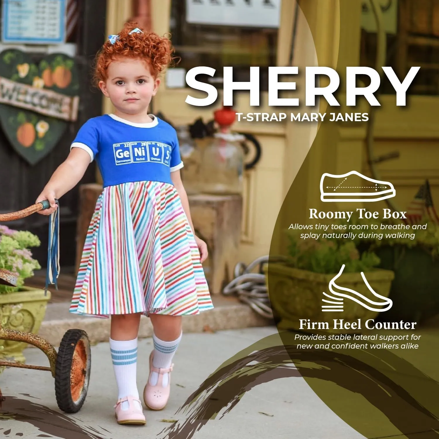 FOOTMATES Sherry Mary Jane Hook and Loop Leather T-Strap Shoes with Wide Toe Box and Custom-Fit Insoles, Non-Marking Outsoles - for Toddlers and Kids, Ages 1-8
