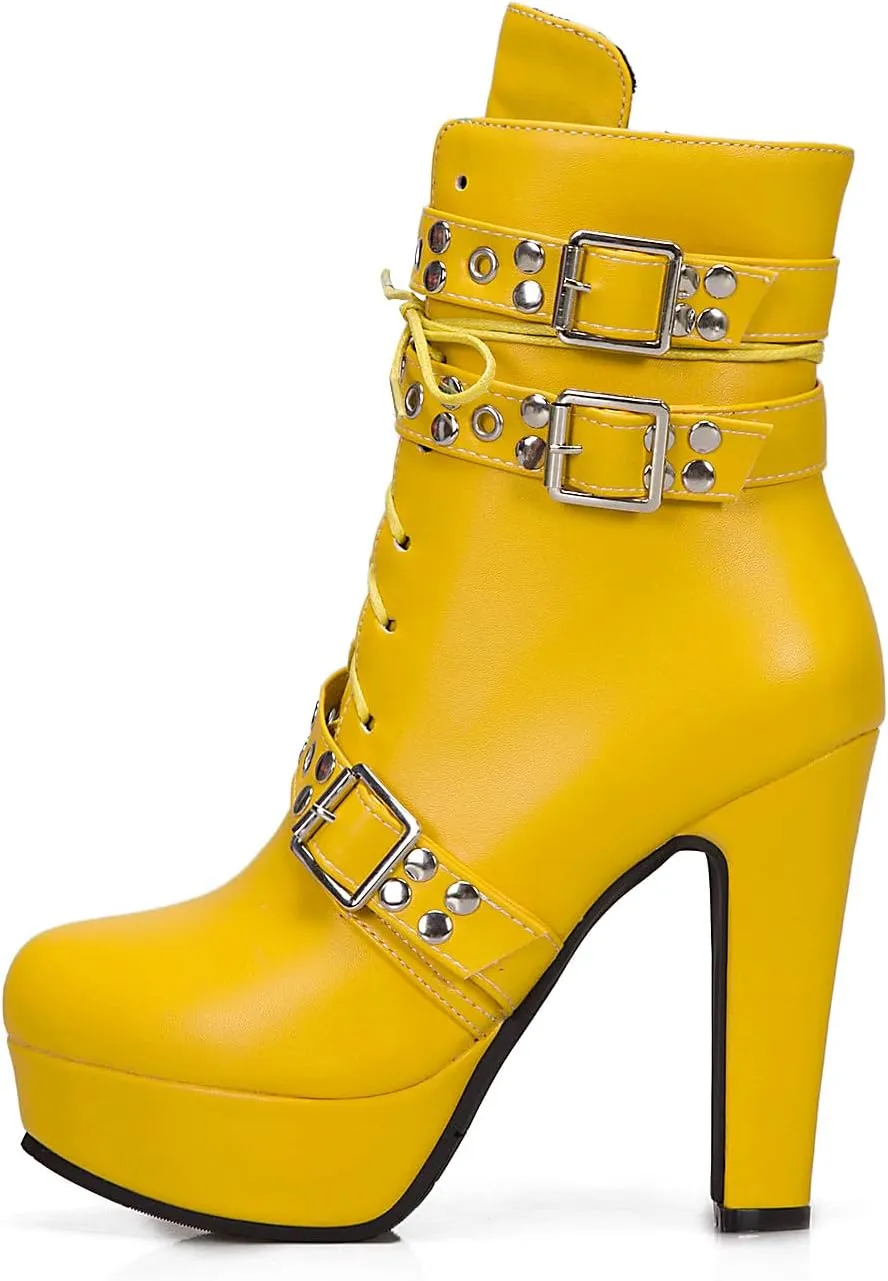 ForeMode Women's Goth Leather Block Heel Ankle Boots Fashion Studded Ankle Strap Trim Punk Boots