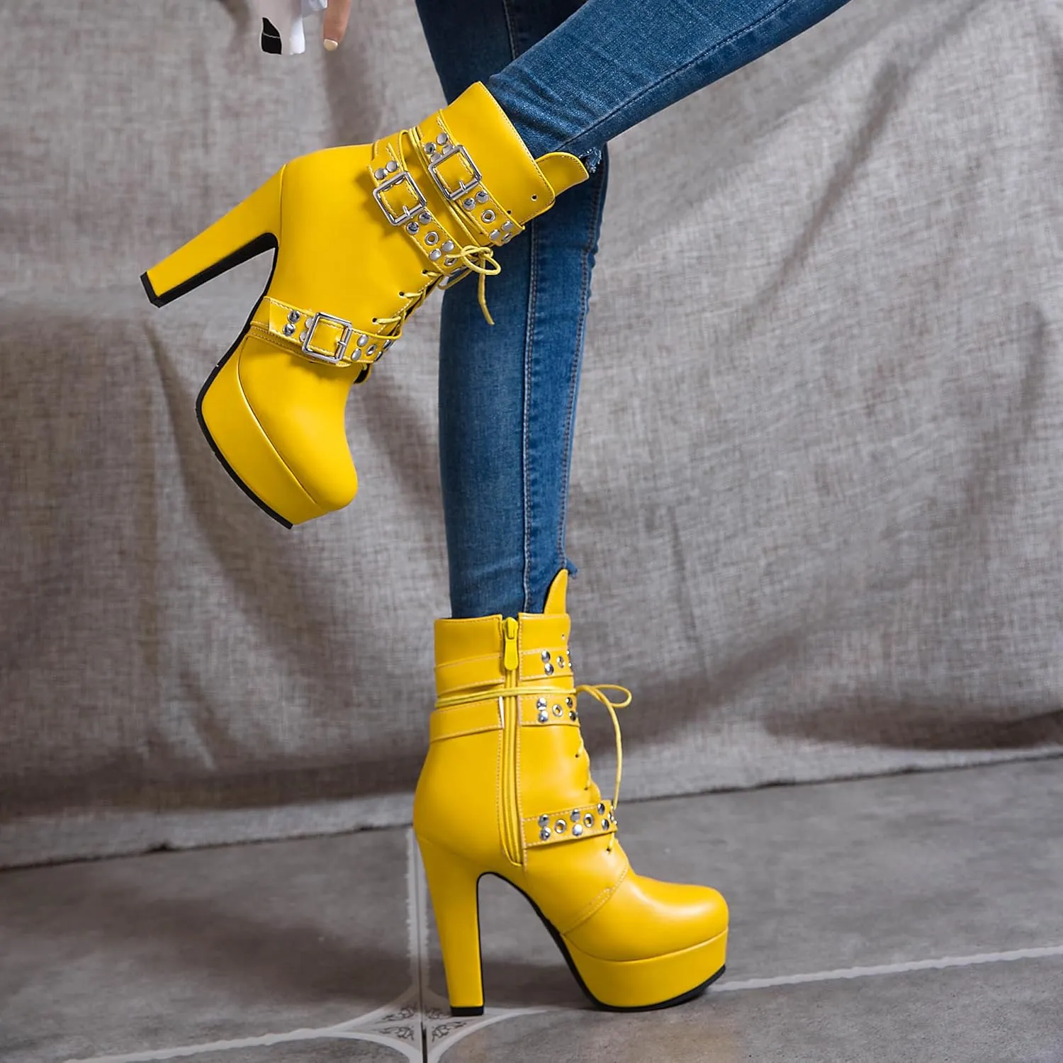 ForeMode Women's Goth Leather Block Heel Ankle Boots Fashion Studded Ankle Strap Trim Punk Boots
