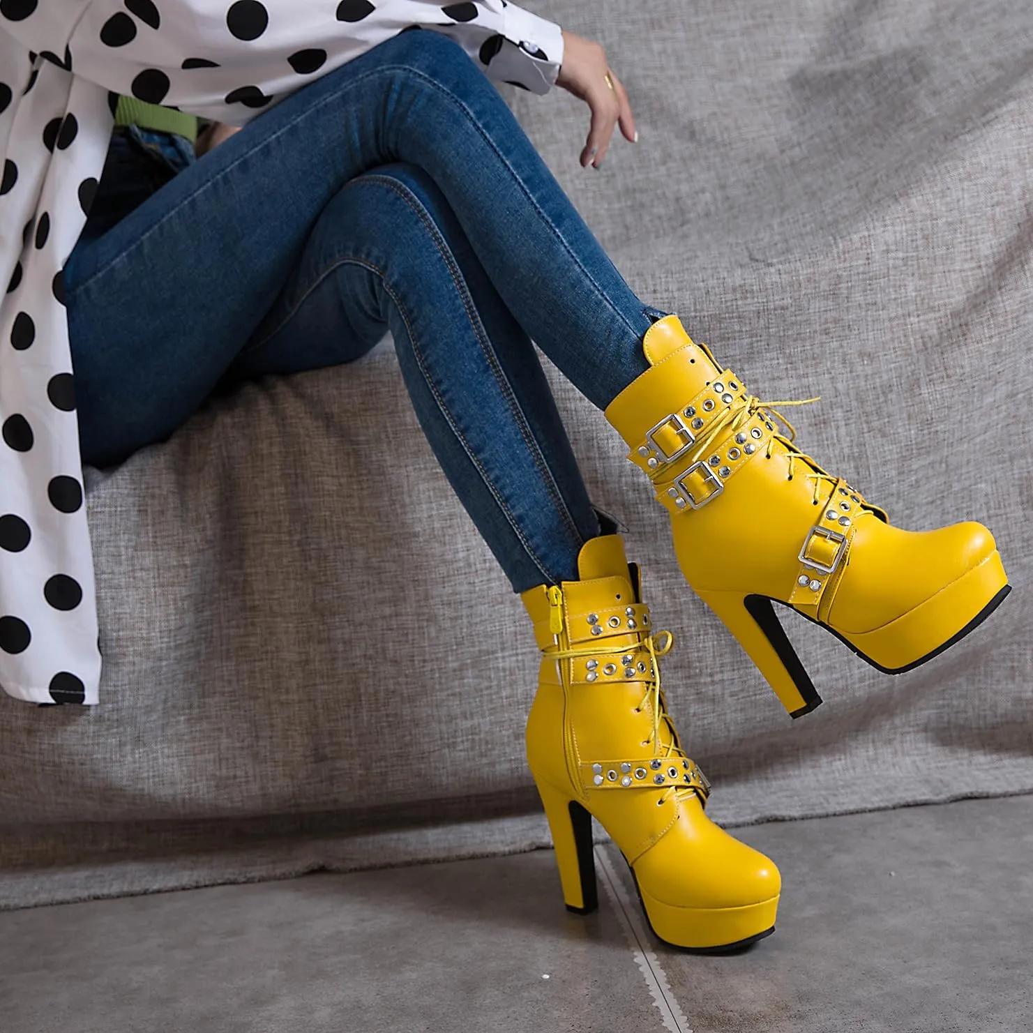 ForeMode Women's Goth Leather Block Heel Ankle Boots Fashion Studded Ankle Strap Trim Punk Boots