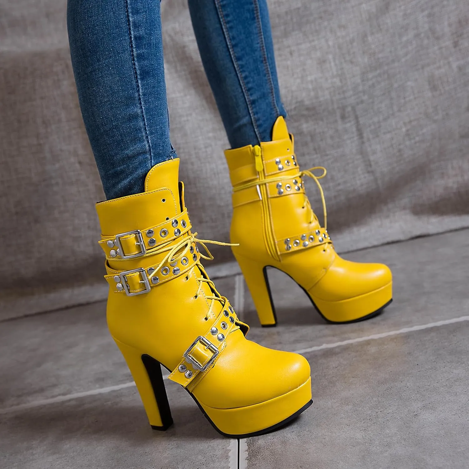 ForeMode Women's Goth Leather Block Heel Ankle Boots Fashion Studded Ankle Strap Trim Punk Boots