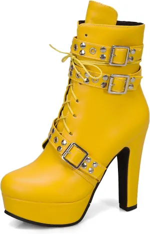 ForeMode Women's Goth Leather Block Heel Ankle Boots Fashion Studded Ankle Strap Trim Punk Boots