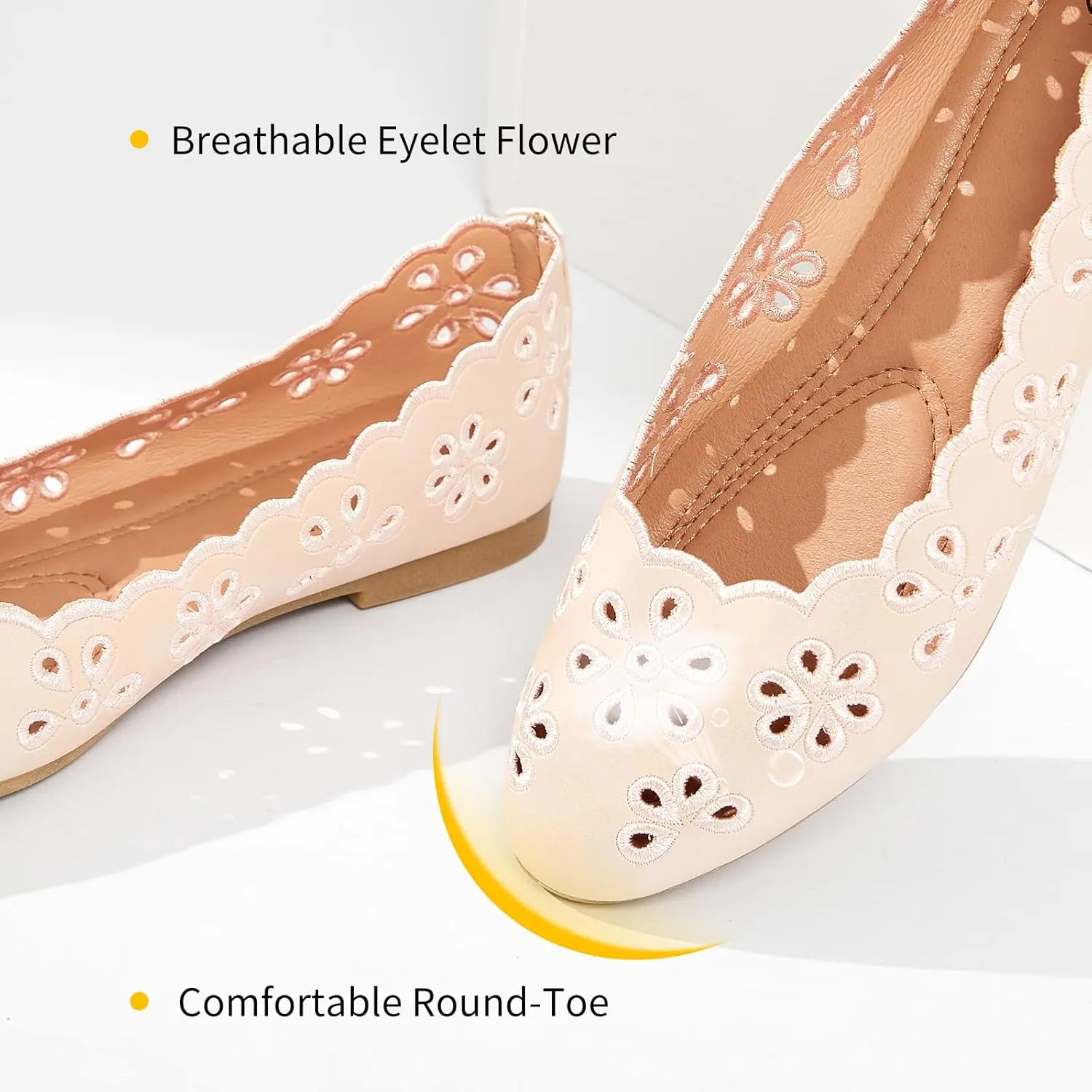 FRACORA Women's Ballet Flats Black PU Leather Dress Shoes Comfortable Round Toe Slip on Flats with Breathable Eyelets