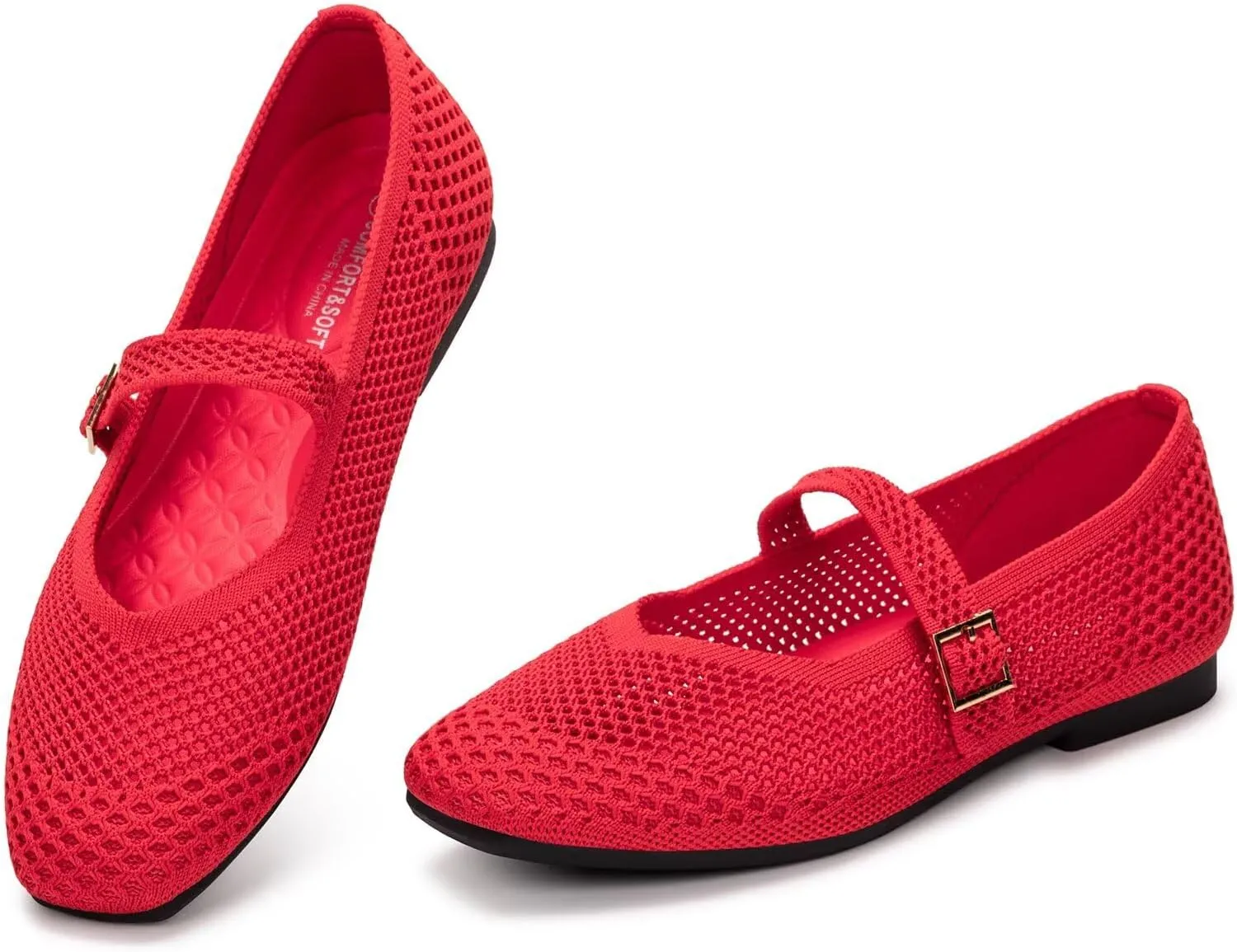 Frank Mully Womens Casual Flat Shoes Square Toe Shoes Knitted Mesh Flat Comfort Work Flat Shoes for Daily Washable