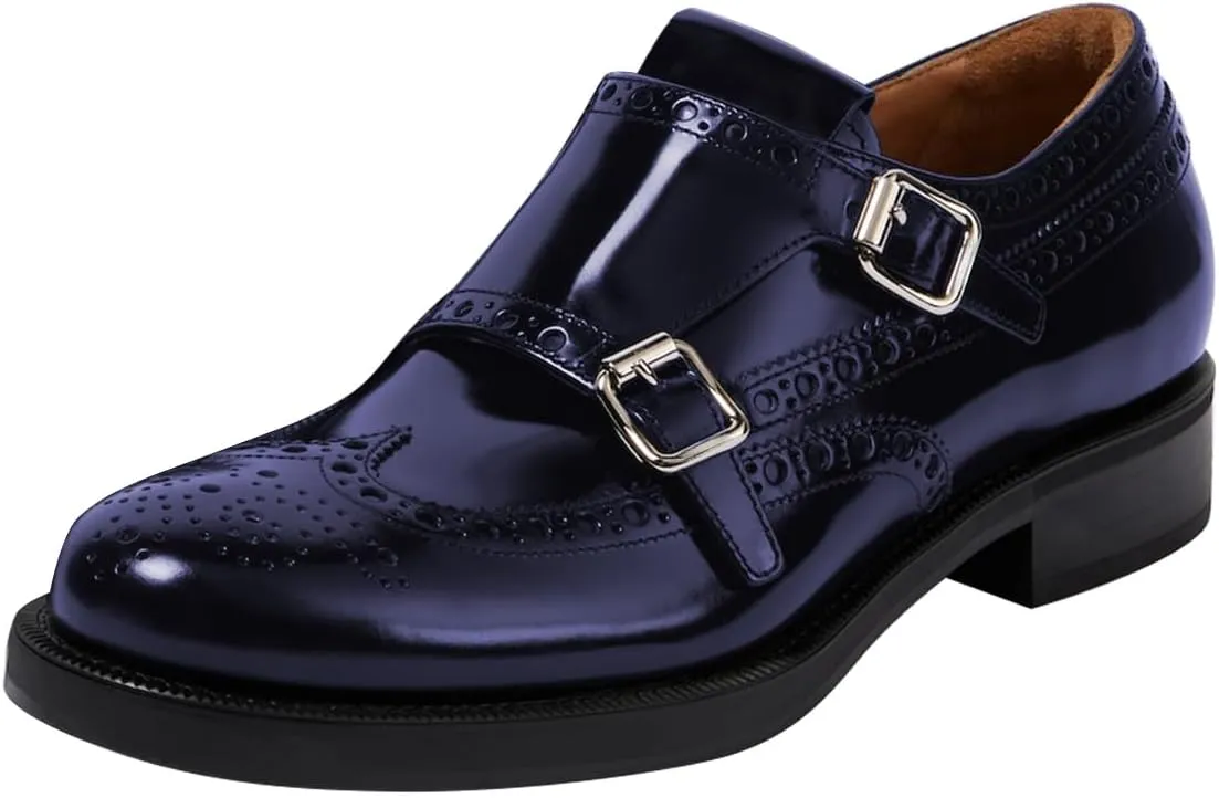 FSJ Women's Oxfords Round Toe Monk Strap Double Buckle Chunky Low Heel Pumps Comfortable Wingtip Formal Office Business Loafers Shoes Size 4-16 US