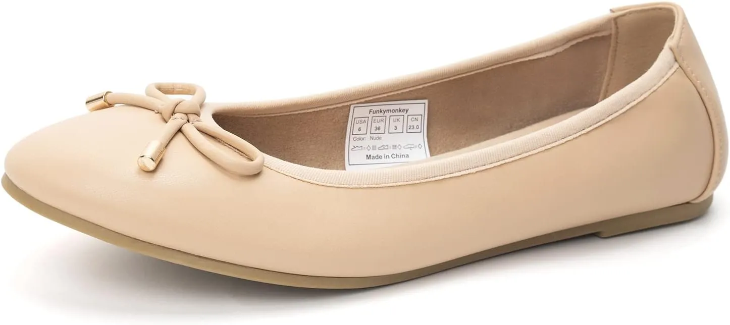 FUNKYMONKEY Women's Ballet Flats Dress Casual Slip-on Bow Round Toe Walking Shoes