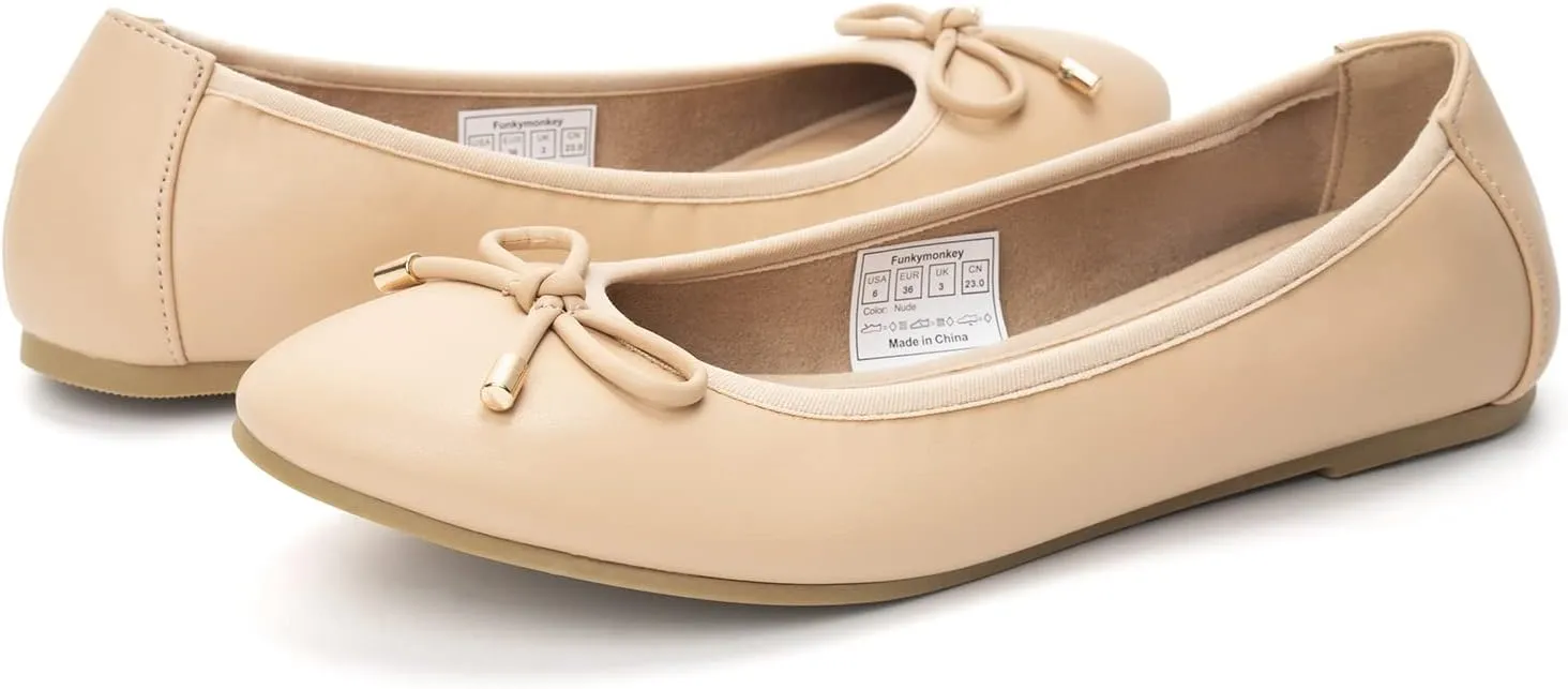FUNKYMONKEY Women's Ballet Flats Dress Casual Slip-on Bow Round Toe Walking Shoes